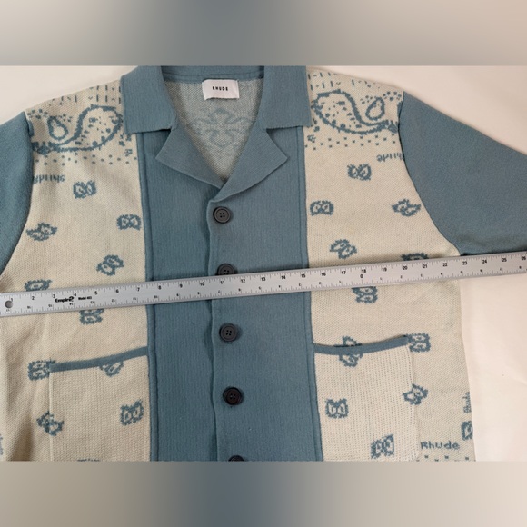 RHUDE Men's Blue Cream Button Down Banco Knit Short Sleeve Shirt Size Med - Picture 3 of 12
